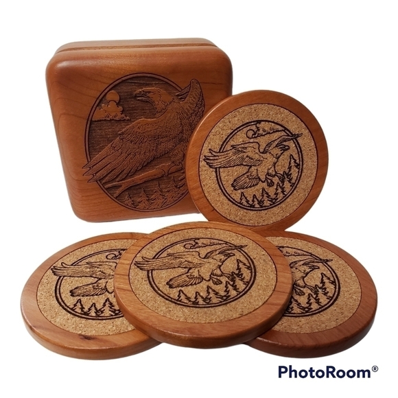 Eagle Coaster Set 4 Wilderness Wood Laser Cut Etched With Lined Box - Picture 1 of 8